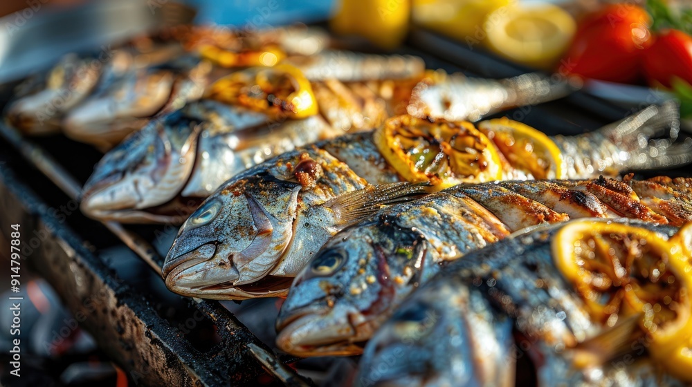 Grilled Fish with Lemon Slices on a Grilling Rack Grilled Fish with Lemon Slices on a Grilling Rack