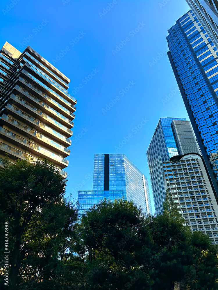 Fototapeta premium 都会の高層マンションと青空、昼、見上げ