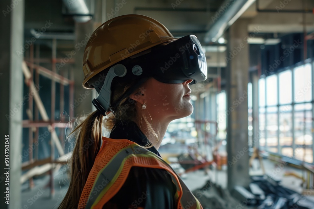 A female engineer in a hard hat uses virtual reality to visualize and control a complex construction site, A female engineer in a hard hat uses virtual reality to visualize and control a complex construction site,