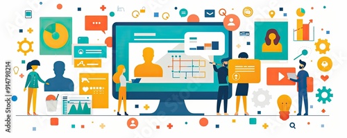 Social media audit, evaluating profiles, flat design illustration