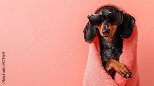 Dog summer bathing Dachshund puppy wrapped with a coral towel and wearing sunglasses and funny expression Isolated on pink background : Generative AI photo