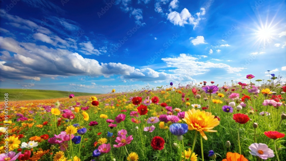 Clear blue sky with vibrant flowers blooming in a field, Blue, sky, beautiful, flowers, vibrant, blooming, field, nature Clear blue sky with vibrant flowers blooming in a field, Blue, sky, beautiful, flowers, vibrant, blooming, field, nature