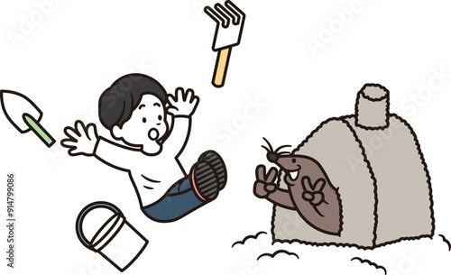 砂場で驚く男の子と砂の家の中から顔を出すモグラのイラスト素材