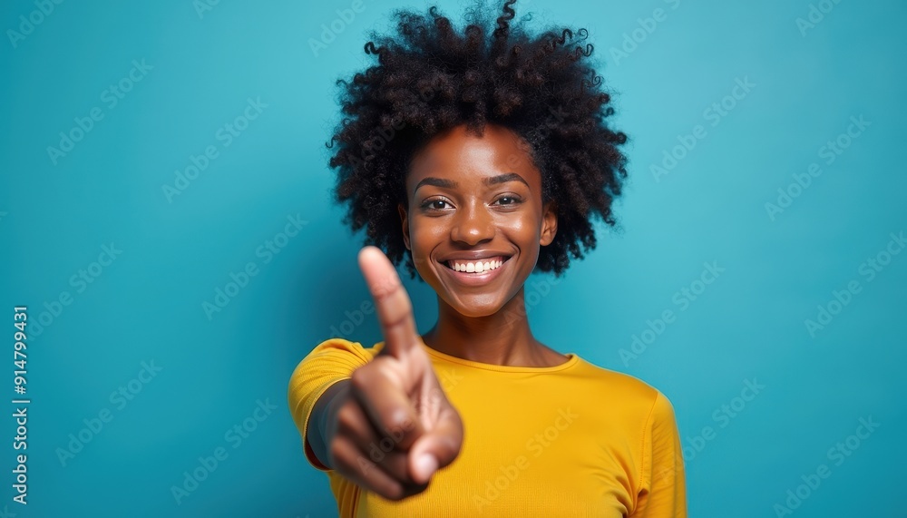 Smiling woman with afro hair pointing at you. Smiling woman with afro hair pointing at you.
