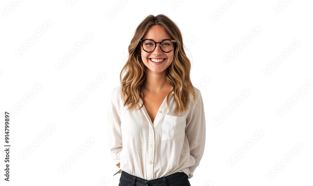 Fototapeta premium Portrait of a smiling young businesswoman wearing glasses, isolated on transparent background