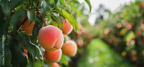 Ripe Peaches Hanging From Lush Green Trees In Vibrant Orchard During Late Summer Sunshine