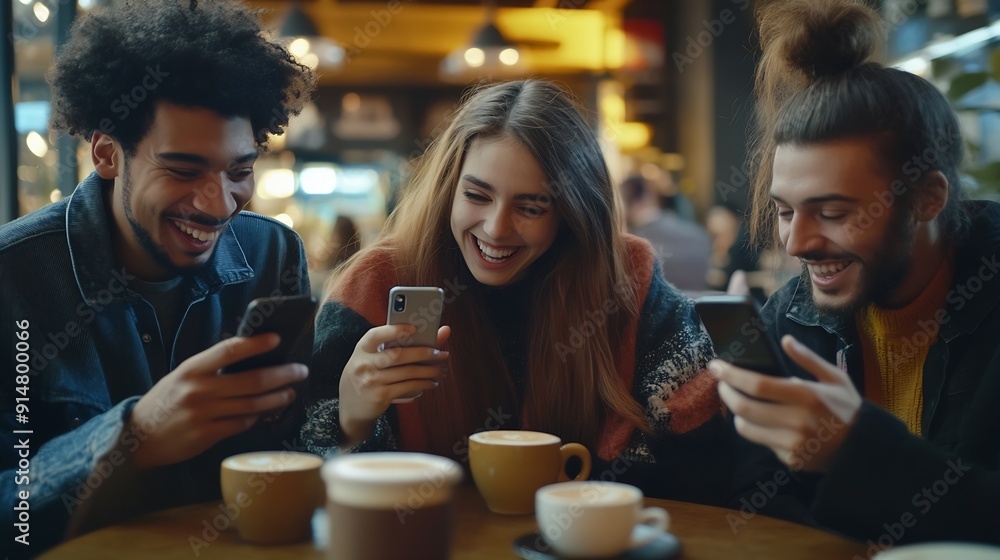 Group of happy friends browse social media on a smartphone in a lively cafe sharing photos and updates with each other Carefree buddies having fun as they hang out together over coffee : Generative AI Group of happy friends browse social media on a smartphone in a lively cafe sharing photos and updates with each other Carefree buddies having fun as they hang out together over coffee : Generative AI