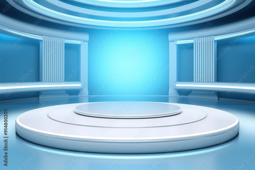 Futuristic blue room with a white circular platform. Futuristic blue room with a white circular platform.