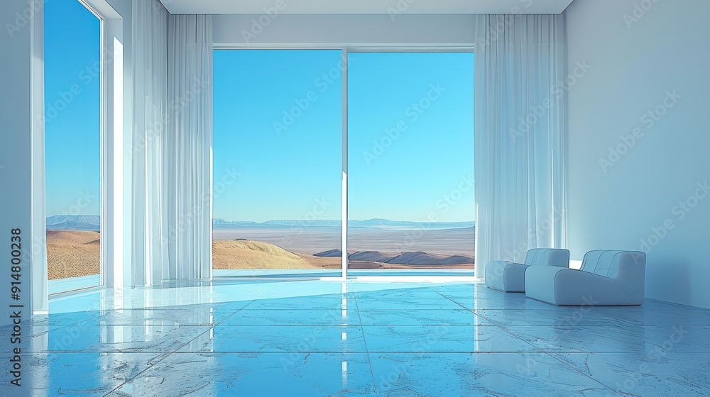 Fototapeta premium Minimalist and modern illustration of a large window with curtains facing the wall. creates a sense of depth and perspective. window in the a minimalist interior architecture