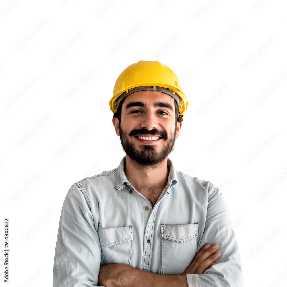 Portrait of a smiling construction worker wearing helmet with arms crossed, isolated on transparent background Portrait of a smiling construction worker wearing helmet with arms crossed, isolated on transparent background