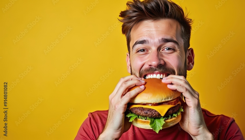 Man taking a big bite of a juicy hamburger. Man taking a big bite of a juicy hamburger.
