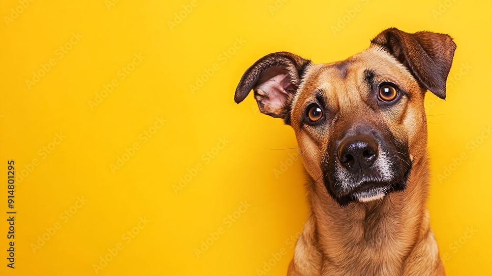 Studio headshot portrait of mixed breed rescue dog tilting head against yellow background : Generative AI Studio headshot portrait of mixed breed rescue dog tilting head against yellow background : Generative AI
