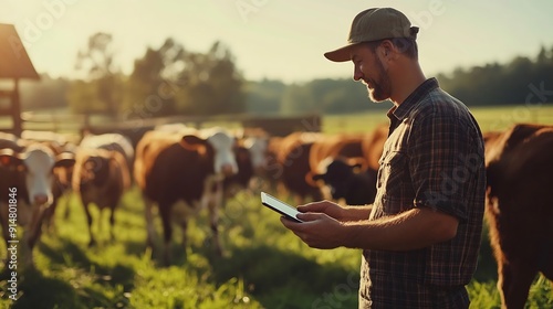 Male farmer uses digital tablet in cattle ranch Smart farming Digital transformation in livestock farming and agriculture : Generative AI photo