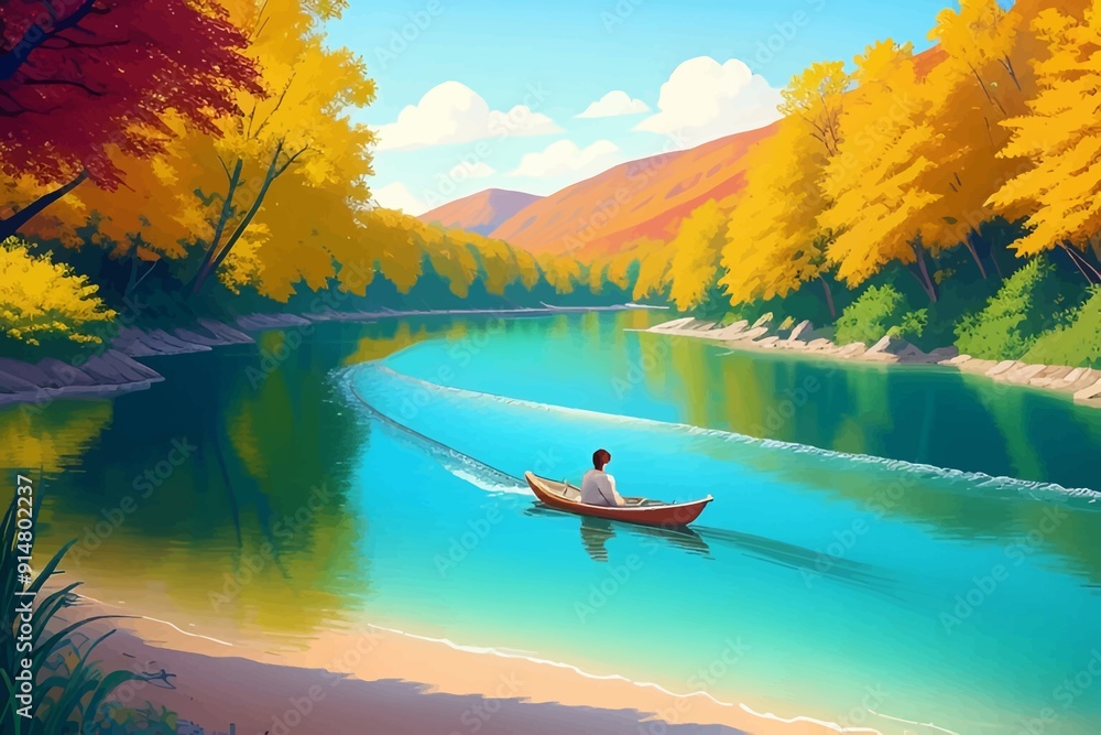 Fototapeta premium Beautiful and Peaceful Nature Scenery Illustration, Landscape, Countryside, Tranquil, Vibrant and Colorful