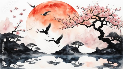 Serene Cherry Blossom Tree, Glowing Moon, and Birds Over Water in a Tranquil, Dreamlike Scene