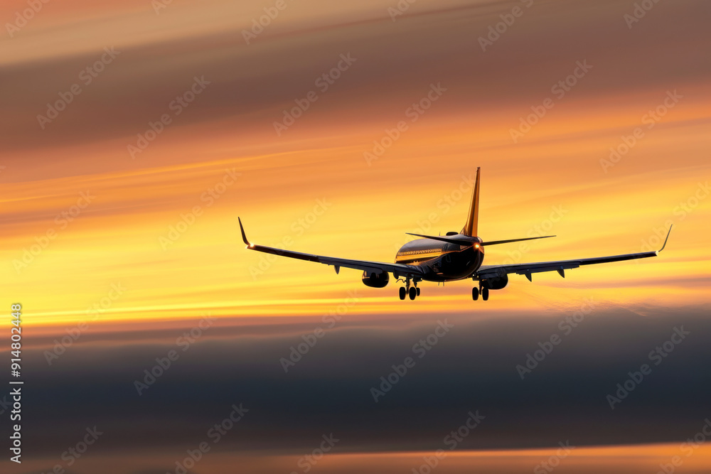 Aeroplane flying above the clouds and the setting sun in the background. AI generative. Aeroplane flying above the clouds and the setting sun in the background. AI generative.