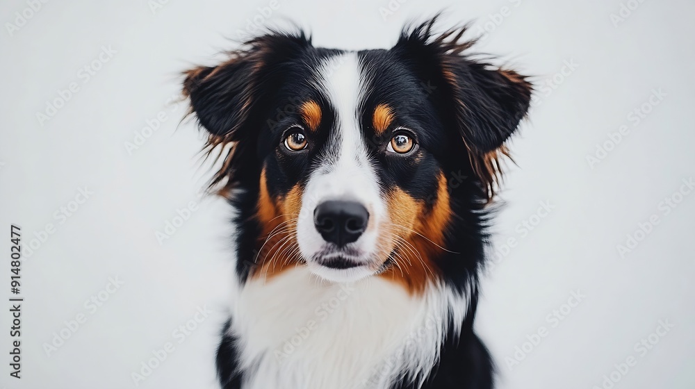 Fototapeta premium Closeup portrait of expressive Red tricolor Australian Shepherd isolated on white : Generative AI