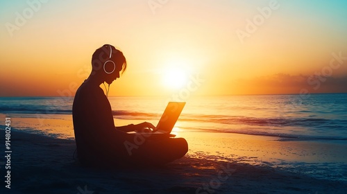 Cropped unrecognizable digital nomad works on a laptop with headphones silhouetted against a glowing sunset on the beach : Generative AI