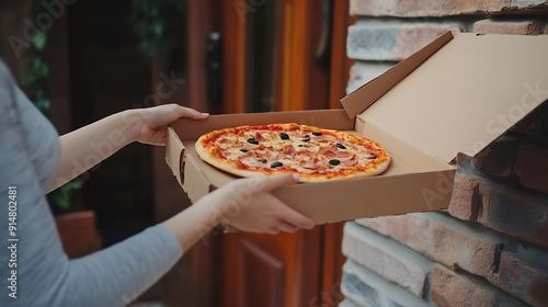 Hands pizza and woman at front door with delivery man for online shopping takeout supplier and distribution service Fast food courier and customer with cardboard box sales dinner order : Generative AI photo