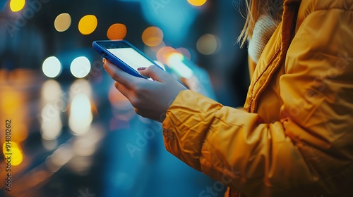Woman using a smartphone in the city at night