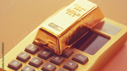 Gold bar on calculator with trading line graph for calulate the gold price Gold is hard commodity  risk asset tangible value that used to be gold reserve save assets during war and eco : Generative AI photo