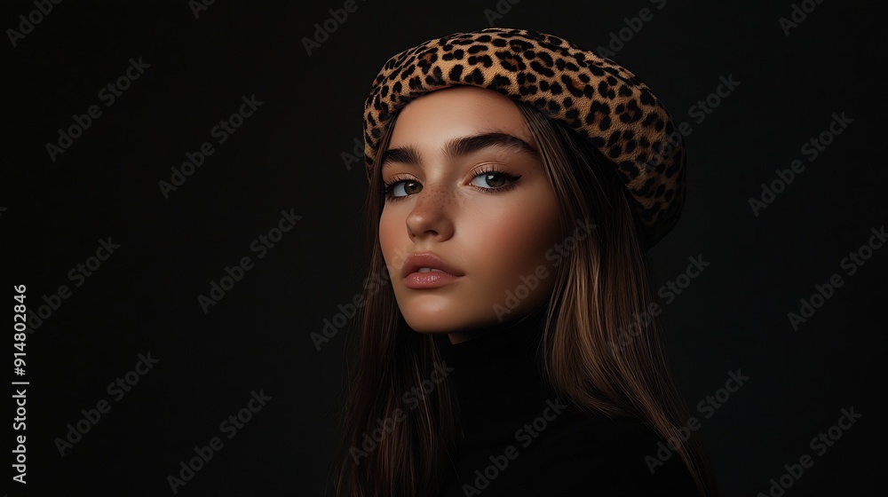 Beautiful young lady in a black turtleneck Refined taste Elegance Leopard print beret : Generative AI Beautiful young lady in a black turtleneck Refined taste Elegance Leopard print beret : Generative AI