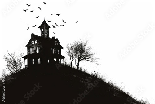 Eerie silhouette of a haunted house on a hill at dusk photo