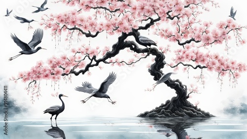 Serene Cherry Blossom Tree, Glowing Moon, and Birds Over Water in a Tranquil, Dreamlike Scene