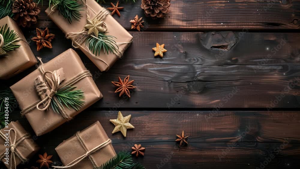 Christmas gift in brown color with pine branches in wooden background, Happy Christmas day, Marry Christmas background, copy space Christmas gift in brown color with pine branches in wooden background, Happy Christmas day, Marry Christmas background, copy space