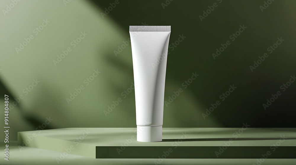 Simple elegant white tube standing on green offering blank space for branding of skincare or cosmetic product : Generative AI Simple elegant white tube standing on green offering blank space for branding of skincare or cosmetic product : Generative AI