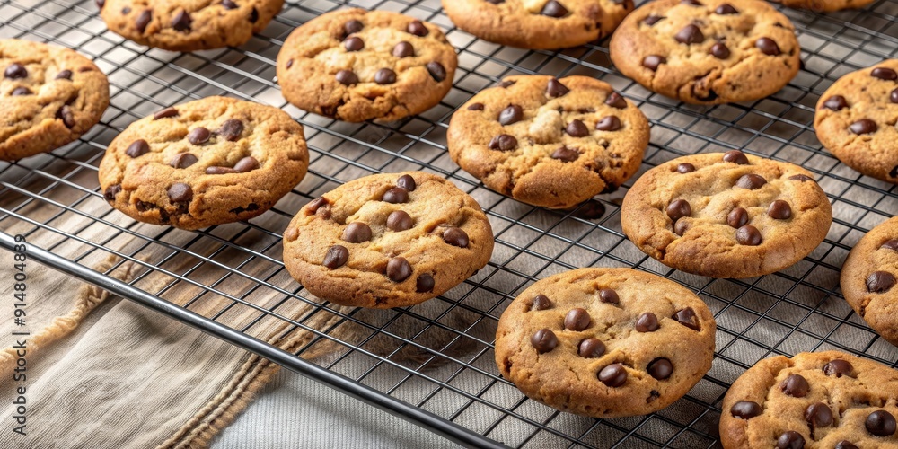 Freshly baked chocolate chip cookies on a cooling rack, baking, homemade, dessert, delicious, sweet, snack, treat, bakery