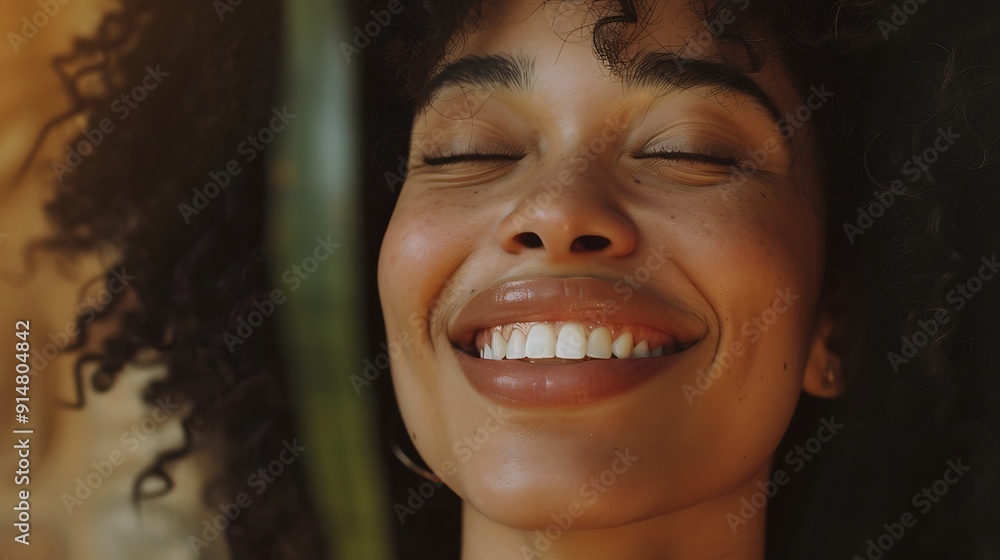 Close-Up Portrait of a Smiling Woman with Curly Hair Close-Up Portrait of a Smiling Woman with Curly Hair