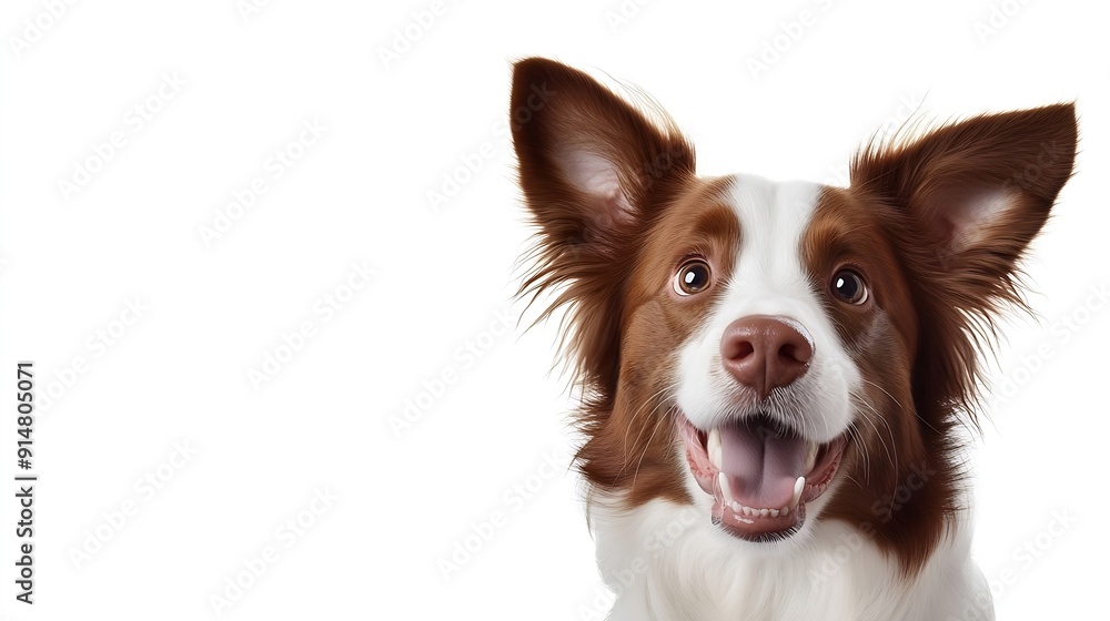 Brown and white Border collie dog panting looking at camera isolated on white : Generative AI Brown and white Border collie dog panting looking at camera isolated on white : Generative AI