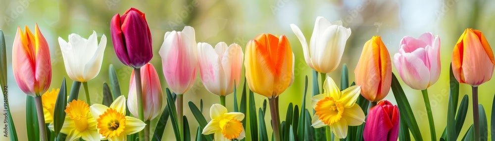Enchanting spring flower garden with vibrant tulips and daffodils in full bloom, colorful blossoms, springtime garden, nature's beauty