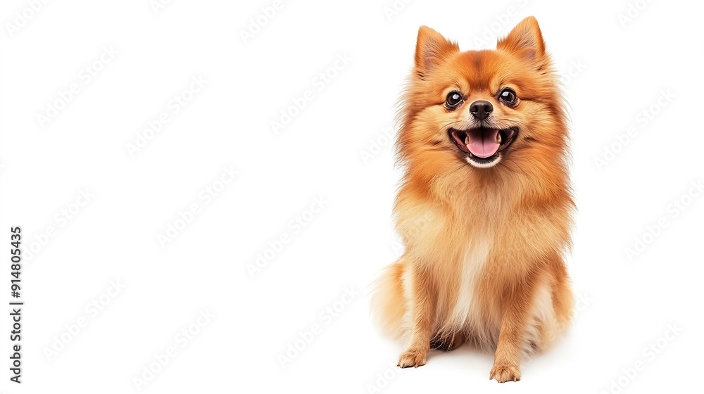 Obraz premium Red Pomeranian dog panting and sitting in front isolated on white : Generative AI