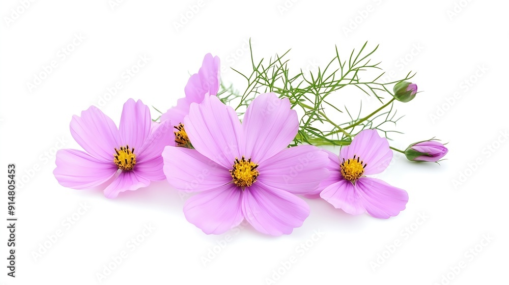 Obraz premium Cosmea flowers and a cosmea bud lie arranged on a white background 3d view : Generative AI