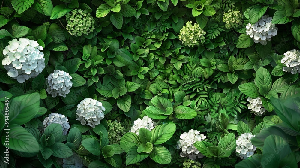 Lush green flower garden with dense foliage and blooming hydrangeas, verdant paradise, green oasis, nature s abundance Lush green flower garden with dense foliage and blooming hydrangeas, verdant paradise, green oasis, nature s abundance