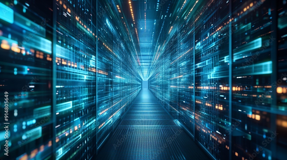 A Futuristic View of a Data Center Hallway With Glowing Blue and Orange Lights A Futuristic View of a Data Center Hallway With Glowing Blue and Orange Lights