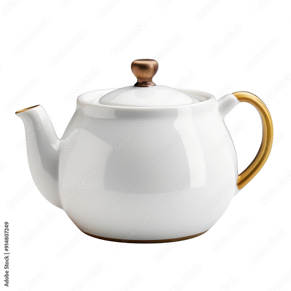 A white tea pot with a gold handle sits on a white background A white tea pot with a gold handle sits on a white background