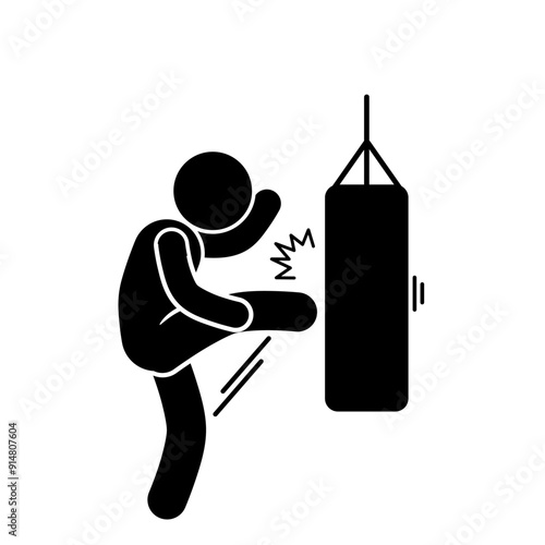 illustration of a flat stick figure character hitting and kicking a punching bag