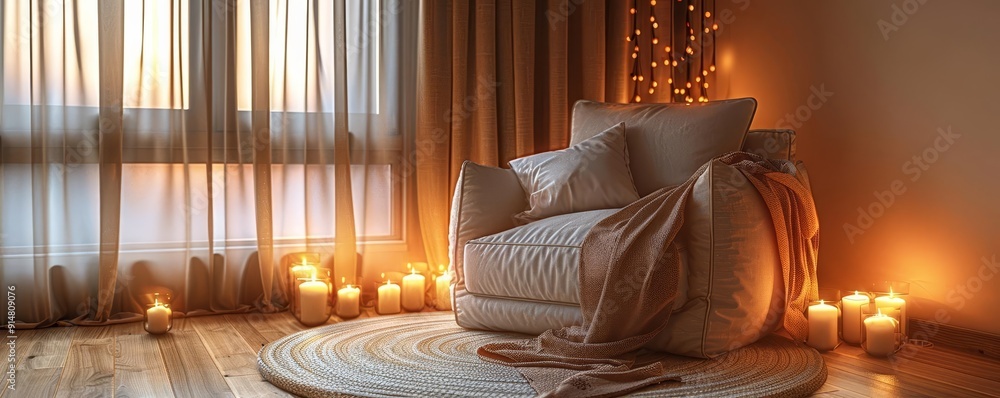 Fototapeta premium Reading nook with a comfortable armchair, soft pillows, and warm lighting, cozy home reading nook, relaxation corner