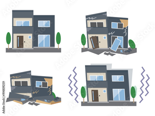 地震で被害にあう家のイラスト
