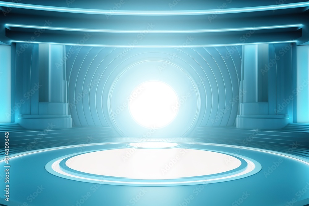Naklejka premium Futuristic blue room with glowing portal and circular platform.