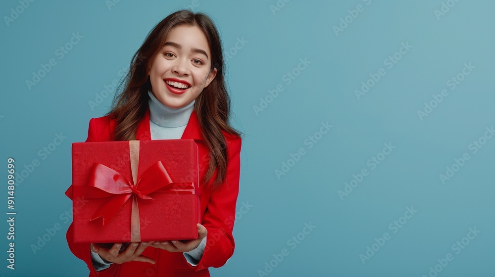 Happy surprised young asian woman in red business suit holding a large gift box decorated with ribbons smiling posing on blue background with copy space, new year present, Merry Christmas concept