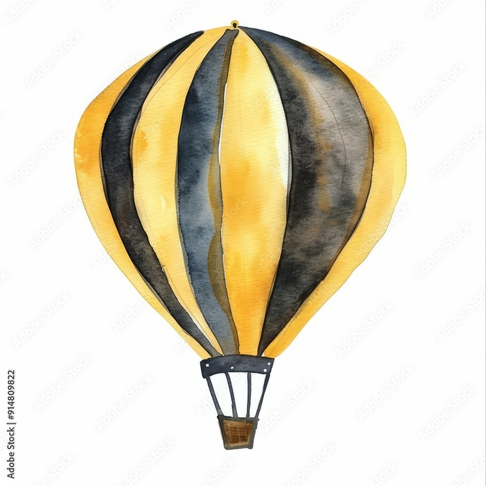 Fototapeta premium watercolor painting of a black and yellow hot air balloon, on isolated white background