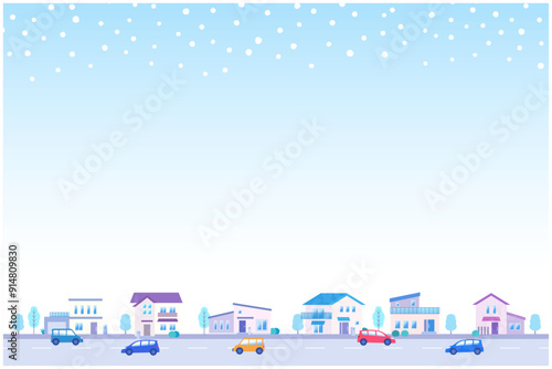 雪が降る冬の街並みのイラスト 家が立ち並ぶ住宅地の風景