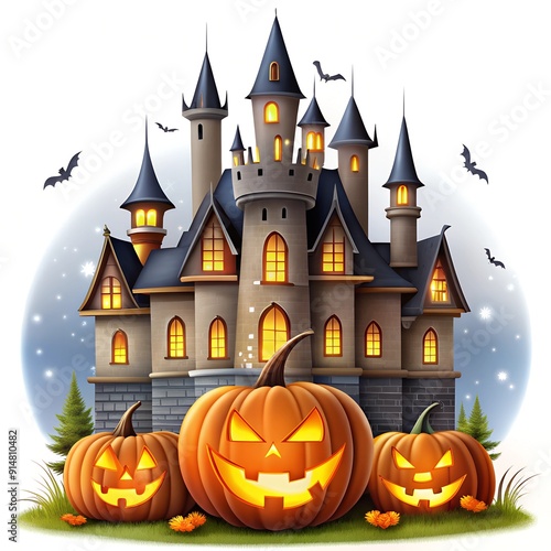 Halloween Castle Pumpkin Lantern Illustration on white background