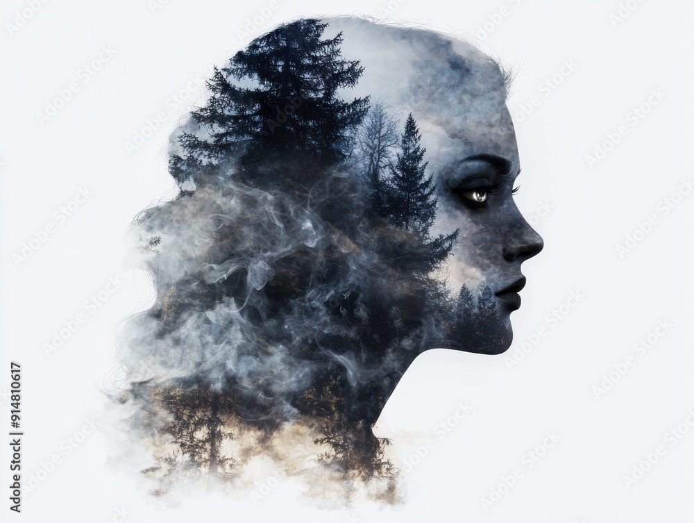 double exposure of a woman's face with forest scenery double exposure of a woman's face with forest scenery
