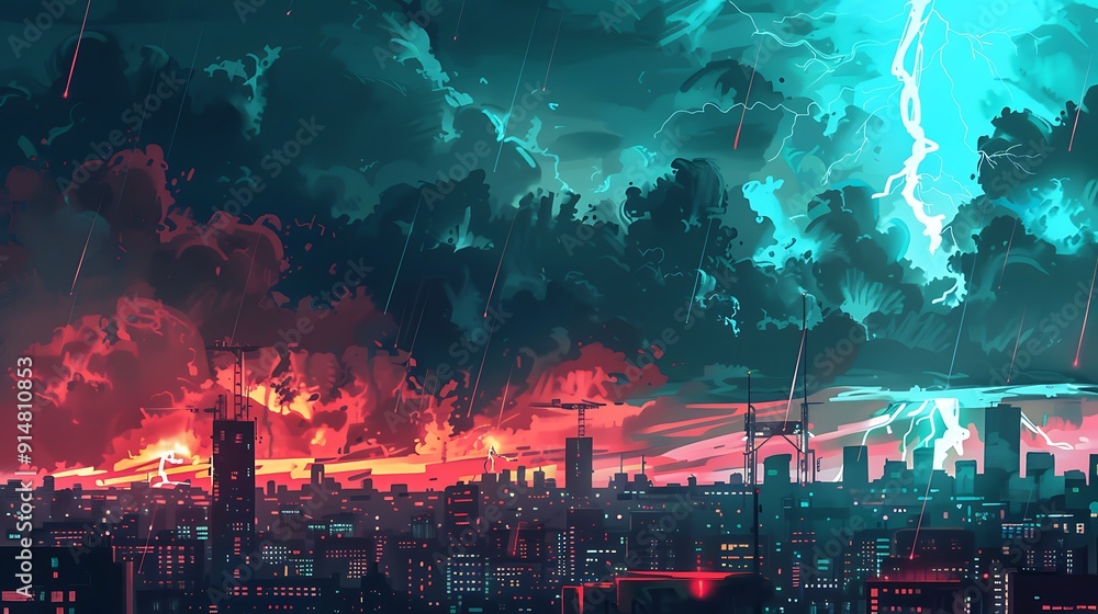 Fototapeta premium Cityscape Under a Dramatic Stormy Sky