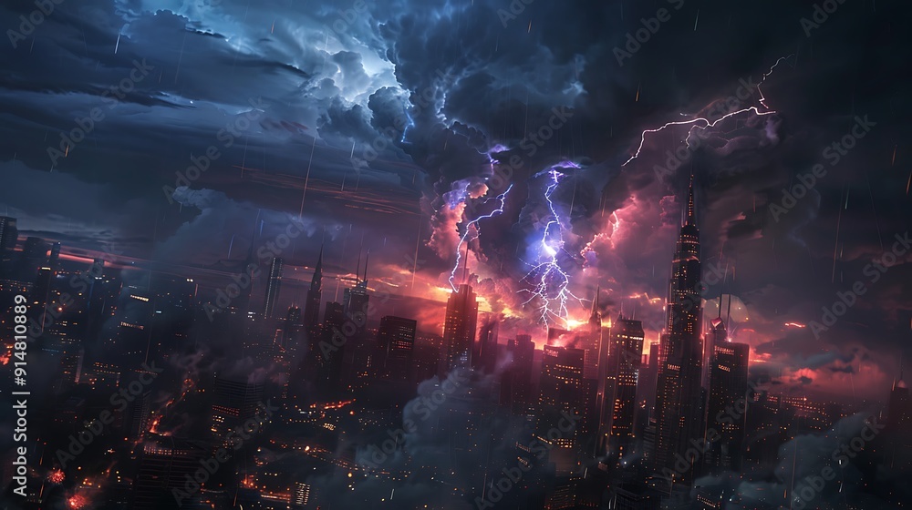 Fototapeta premium Cityscape Under a Dramatic Thunderstorm